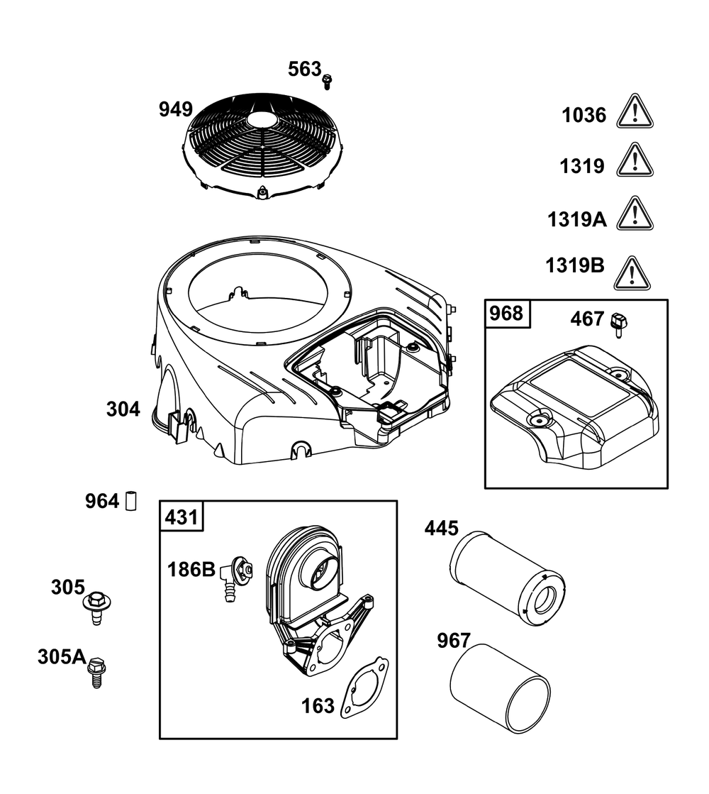 Blower Housing And Air Cleaner Group Diagram and Parts List for 40N877-0042-B5  Briggs and Stratton Engine